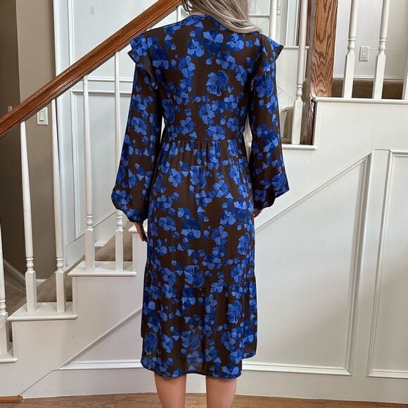 Adorable brown blue floral peasant midi dress - Picture 10 of 12